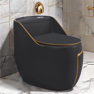 This sleek toilet has incomparable practicality along with its eye-catching beauty. The finish and modern design add a clean contemporary elegance that adapts to any home style. Fast refill, soft close lid, and water-saving design make it a perfect choice for your home. The clean lines, seamless design and easily removable seats make thorough cleaning easier. Finish: Black | WATERMONY Dual-Flush Elongated One-Piece Toilet (Seat Included) in Black | 22.9 H x 16.8 W x 26.1 D in | Wayfair TzjhO05-Z Black White And Gold Powder Room, Black Toilet Bathroom Ideas, Sauna Business, Powder Room Toilet, Black Bathroom Floor Tiles, Black Bathroom Design, Sleek Toilet, All Black Bathroom, Black Bathroom Floor