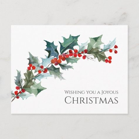 Watercolor Holly and Berries Joyous Christmas Postcard | Zazzle.com Watercolor Holly And Berries, Christmas Cards Watercolor Simple, Christmas Postcard Illustration, Easy Christmas Watercolor Cards, Christmas Watercolor Paintings, Watercolor Cards Ideas, Christmas Wreath Illustration, Watercolor Holly, Holly And Berries