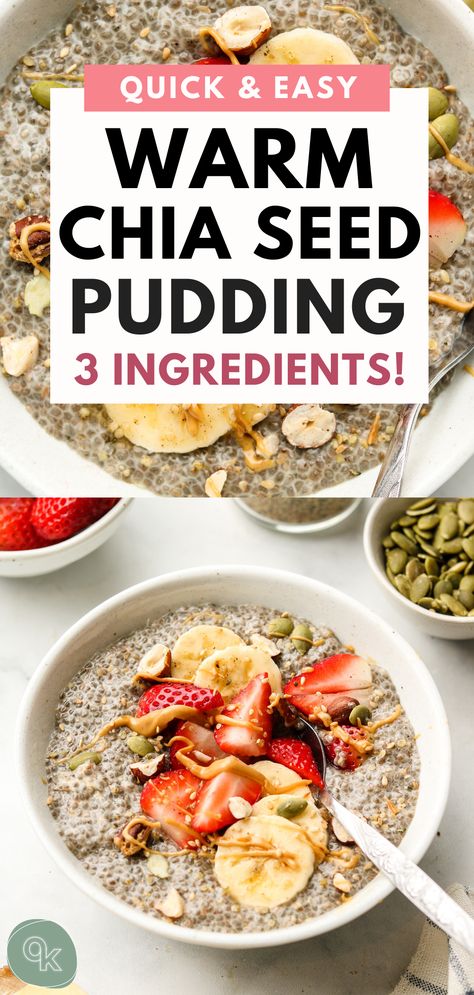 This warm chia pudding recipe is made with only 3 pantry staple ingredients in under 10 minutes! Thick, creamy and can be made in many different flavours to change it up. It's the perfect high protein plant based breakfast that will keep you satisfied for hours! Warm Chia Seed Pudding, Chai And Flax Seed Recipes, Warm Chia Pudding Breakfast, Hot Chia Pudding Breakfast, Chia Breakfast Bowl, Warm Chia Pudding, High Protein Chia Seed Pudding, Overnight Chia Pudding Breakfast, Chia Breakfast Recipes