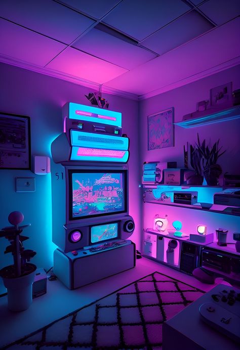 Futuristic Gaming Room, Cyberpunk Room Interiors, Gaming Room Wallpaper, Retro Room Aesthetic, Vaporwave Room, Cyberpunk Interior, Room Wallpaper Ideas, Cyberpunk Room, Games Room Inspiration