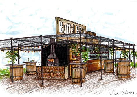 Buffel - Outdoor BBQ & Bar. on Behance Bbq Restaurant Design, Container Coffee Shop, Outdoor Restaurant Patio, Rooftop Restaurant Design, Bbq Bar, Container Restaurant, Container Cafe, Outdoor Restaurant Design, Container Bar