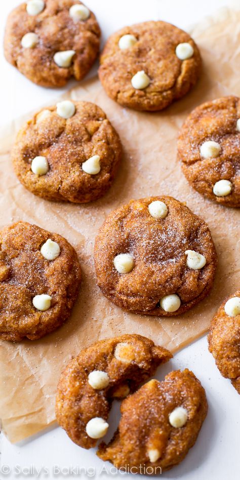 These White Chocolate Pumpkin Snickerdoodles are a MUST try! So soft & chewy without being cakey using a few kitchen tested tricks. Pumpkin Snickerdoodles, Snickerdoodle Recipe, Chocolate Pumpkin, Sally's Baking, Snickerdoodle Cookies, Crinkle Cookies, Pumpkin Cookies, Pumpkin Chocolate, Pumpkin Dessert