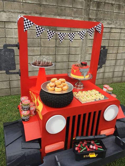 Fernando's Monster Truck Party | CatchMyParty.com Jeep Birthday Party, Truck Party Activities, Diy Monster Truck, Jeep Birthday, Monster Truck Party Decorations, Monster Truck Birthday Party Ideas, Truck Birthday Party Ideas, Blaze Birthday Party, Monster Truck Birthday Party