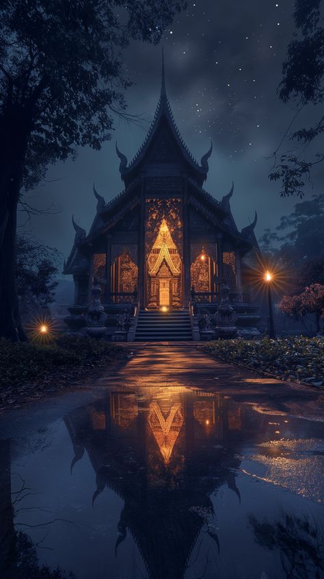 Thai temple at night Temple Landscape, Thai Temple, Mermaid Photos, Fantasy Background, Japanese Kanji, Ashtanga Yoga, Dark Wallpaper, Fantasy Landscape, Favorite Products