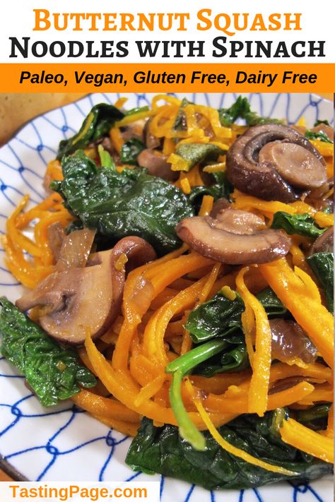 Noodles With Spinach, Savory Fall Recipes, Butternut Squash Noodles, Spinach Vegan, Veggie Noodles Recipes, Butternut Squash Noodle, Spinach And Mushrooms, Squash Noodles, Spinach Mushroom