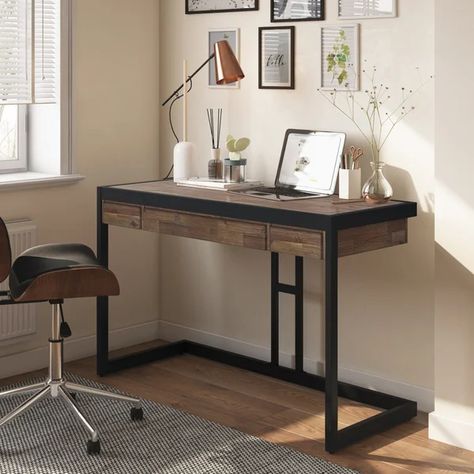 Metal Work Table, Small Wood Desk, Side Drawers, Industrial Contemporary, Wood Computer Desk, Innovative Furniture, Industrial Desk, Keyboard Tray, Black Steel Frame