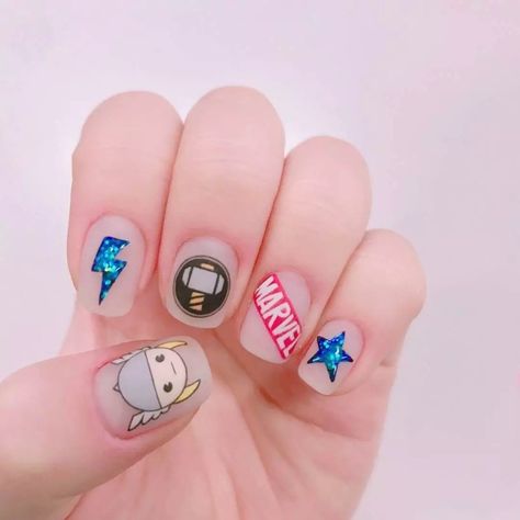 Thor Nails Designs, Thor Nails, Avenger Nails, Marvel Nails Designs, Lego Nails, Superhero Nails, Avengers Nails, Marvel Nails, Cartoon Nail Designs