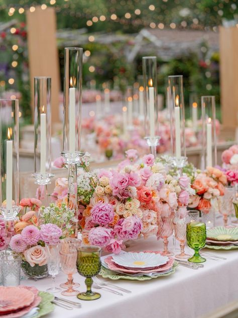 Wild Garden Wedding at San Ysidro Ranch Lush With Thousands of Flowers Pink And Green Tablescapes, Pink Wedding Table Settings, Table Scapes Wedding, Table Scape Wedding, Green Wedding Reception, Pink And Green Wedding, Pink Tablescape, Ranch Photography, Wildflower Wedding Theme