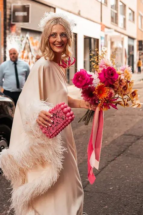 Three Wedding Dresses For Hackney Wedding With Hot Pink Disco Theme Retro Elopement, Taller Marmo, Different Wedding Dresses, Pink Disco, Disco Theme, Pink Wedding Theme, Red And Pink Roses, Groom Shoes, Wedding Reception Dress