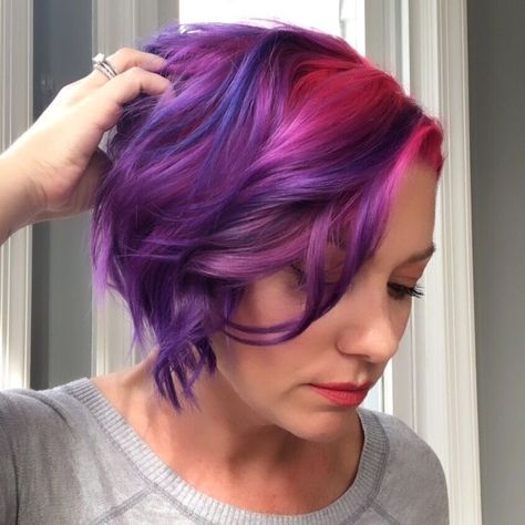 Purple Pink Short Hair, Vivid Hair Color Ideas For Brunettes Short Hair, Pink And Purple Short Hair, Bright Hair Colors Short, Short Colorful Hair, Colored Hairstyles, Kids Hair Color, Natural Hair Bob, Streaked Hair