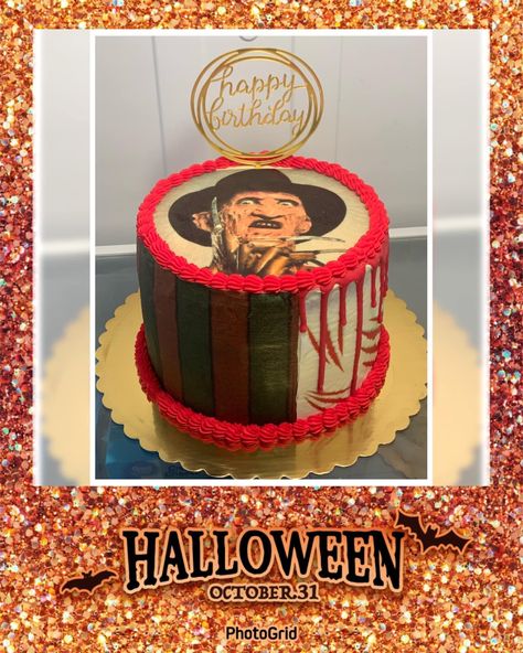 Freddy Krueger Cake Ideas, Freddy Krueger Cake, Cakes Without Fondant, Art Deco Cake, Movie Cakes, Birthday Idea, Edible Cake Toppers, Halloween Desserts, Freddy Krueger