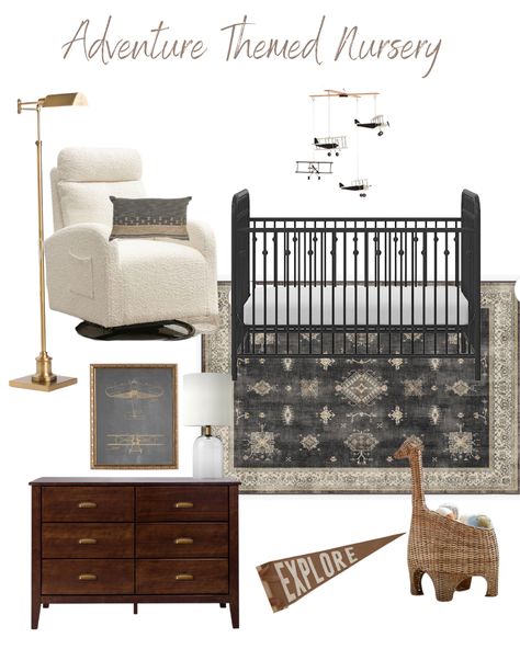 Baby boy nursery with black crib, natural wood dresser, modern lamp and vintage touches. Boy Nursery Black Crib, Girl Nursery Black Crib, Nursery With Dark Wood Furniture, Black Furniture Nursery, Nursery Black Crib, Black Crib Nursery Ideas, Nursery With Black Crib, Dark Wood Nursery, Black Crib Nursery