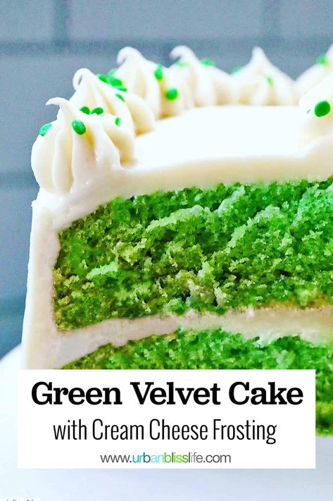 Green Velvet Cake with Cream Cheese Frosting is perfect for St. Patrick's Day, Easter, Christmas, or any occasion that calls for a bright green, fun velvet cake! Get the recipe at UrbanBlissLife.com Green Velvet Cake, Cream Cheese Frosting Cake, Velvet Cake Recipes, Green Cake, Frosting Tips, Cake With Cream Cheese Frosting, Cream Cheese Frosting Recipe, Cake Recipes From Scratch, Green Food Coloring