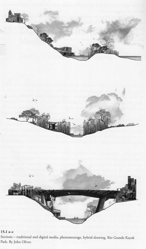 Amoroso, N. (2012). Representing Landscapes: A Visual Collection of Landscape Architectural Drawings (1st ed.). Abingdon, United Kingdom: Routledge. Section Perspective Landscape Architecture, Paraline Drawing Architecture, Architectural Representation Drawings, Architecture Representation Drawings, Black And White Section Architecture, Landscape Plan Black And White, Architecture Photo Montage, Landscape Design Rendering, Mountain Section Architecture