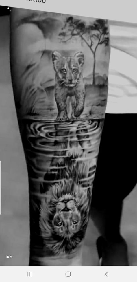 Animal Half Sleeve Tattoo Men, Lion Water Reflection Tattoo, Lion King Tattoo Men, Lion Father And Son Tattoo, Gorilla Family Tattoo, Mens Sleeve Tattoo Ideas Family, Lion Reflection Tattoo, Gorilla Forearm Tattoo, Tattoo Ideas For Men Color