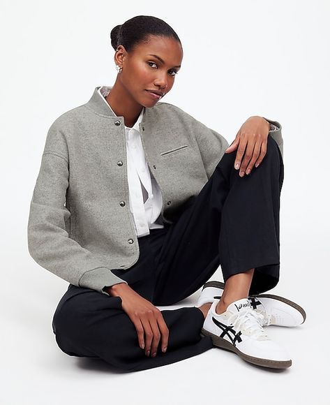 Knit Bomber Jacket | Madewell Shirt Jacket Outfit, White Tops Outfit, Trouser Outfit, Long Sleeve Outfits, Cropped Shirt, Jacket Outfit, Black Trousers, Date Outfits, Bomber Jackets