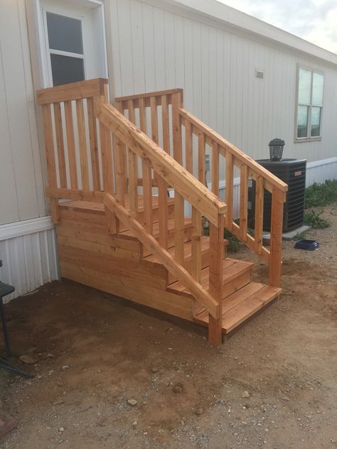 5 Riser $599 Mobile Home Steps Porch, How To Build Front Porch Stairs, Premade Outdoor Stairs, Diy Wooden Steps For Rv, Deck Stairs With Landing Wood, How To Build Deck Stairs, Porch With Ramp, Mobile Home Steps, Floating Decks