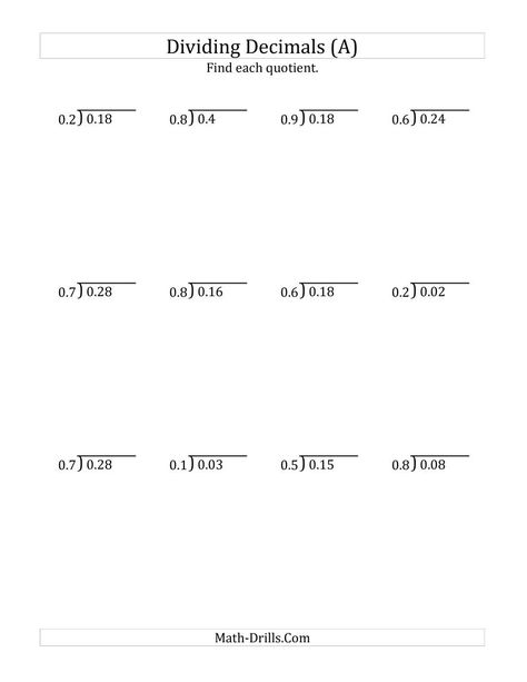 The Dividing Decimals by 1-Digit Tenths (A) Math Worksheet from the Decimals Worksheets Page at Math-Drills.com. Decimal Division, Basic Math Worksheets, Math Fractions Worksheets, Rounding Decimals, Dividing Decimals, Decimals Worksheets, Math Drills, Irrational Numbers, Math Sheets