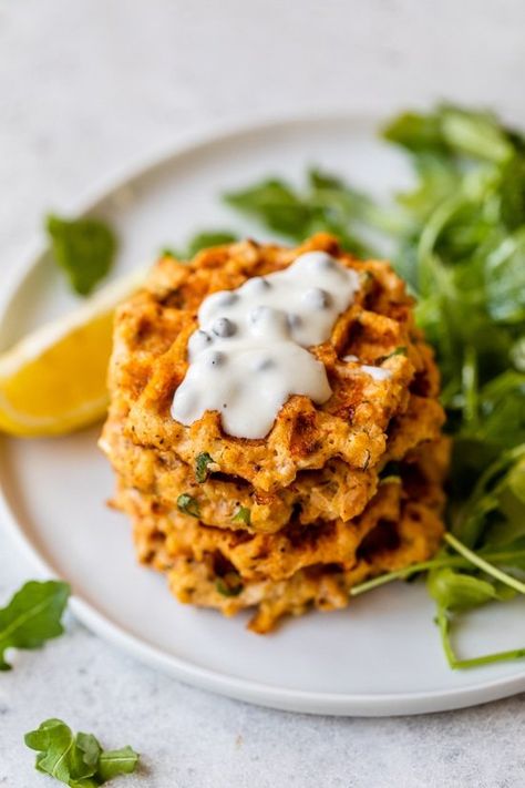 Refrigerator Staples, Lean Program, Healthy Salmon Cakes, Easy Salmon Cakes, Amanda Nighbert, Salmon Cakes Recipe, Waffle Iron Recipes, Waffle Maker Recipes, Healthy Salmon Recipes