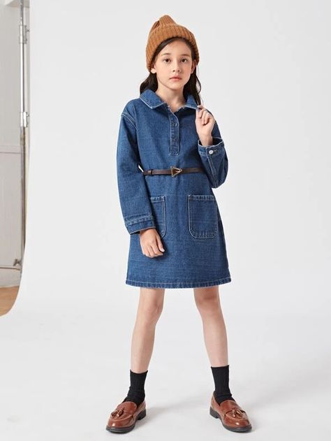 Girls Half Button Dual Pockets Denim Dress Without Belt | SHEIN UK Girls Denim Dress, Children’s Books, Denim Dress, Girl Fashion, Girl Outfits, Long Sleeve, Clothes