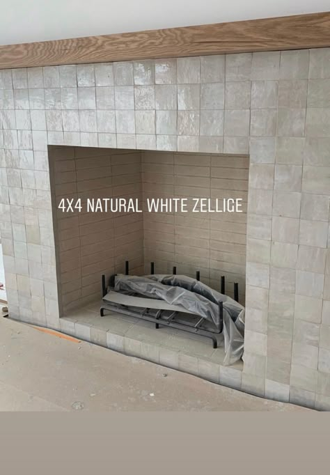 Square Tiles Fireplace, Square Tile Fireplace, Modern Mediterranean Fireplace, Zellige Fireplace, White Tile Fireplace, White Oak Fireplace, Fluted Fireplace, Tile Around Fireplace, Fireplace Facing