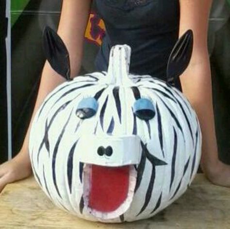 #pumpkin decorating #zebra pumpkin #school project Zebra Pumpkin Decorating, Paint Pumpkins Kids, Pumpkin Story, Pumkin Decoration, Book Character Pumpkins, Pumpkin Inspiration, Character Pumpkins, Pumpkin Books, Halloween Pumpkins Painted