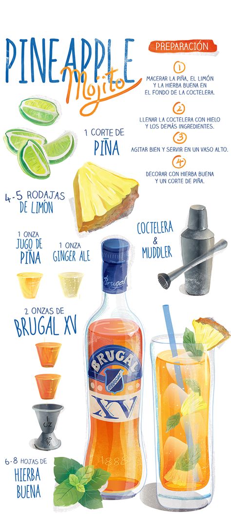 // Cocktail Recipes // Brugal XV vector illustrations on Behance Brugal Rum, Bath Layout, Rum Drinks Recipes, Recipe Towel, Pineapple Mojito, Maps Of The World, Illustrated Recipes, Santo Domingo Dominican Republic, Bon Appetite Recipes