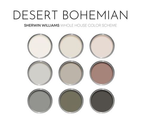 Desert Bohemian Sherwin Williams Paint Palette, Paint Colors for Home, Western Bedroom Colors Paint, Saltillo Tile Color Schemes, Earth Tone Color Palette Whole House, Western Paint Colors For Bedroom, Trending Color Palettes Interior Design, Guest Bathroom Color Scheme Ideas, Earth Tone Paint Colors, Warm Earthy Color Palette, City Loft Sherwin Williams