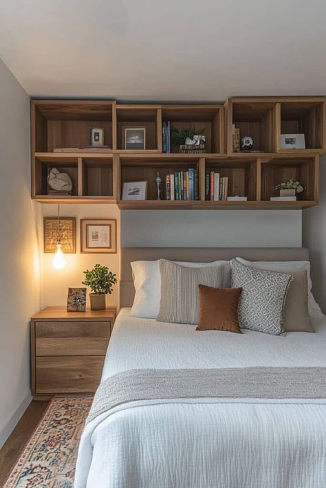 Bedroom Library Built In Bookcase Around Bed, Over The Bed Bookshelves, Built In Shelf Bedroom, Library Wall In Bedroom, Bedroom With Library, Built In Shelves Bedroom, Bookshelf Above Bed, Bedroom Storage Wall, Bedroom Library Ideas