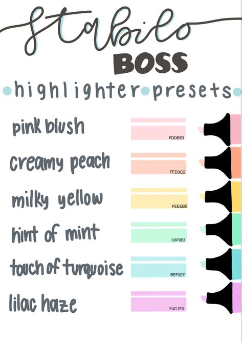 Stabilo Boss highlighter preset Stabilo Highlighters Hex Code, Highlighter Tips, Studygram Ideas, Ipad Journal, Studying Aesthetic, Samsung Notes, Colour Pallets, Hex Color, Digital Notes