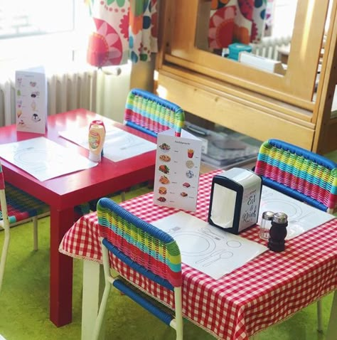 Preschool Restaurant, Preschool Food, Corner Restaurant, Dramatic Play Themes, Body Parts Preschool, Farm Cafe, Role Play Areas, Play Corner, Dramatic Play Preschool