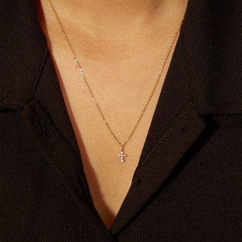 Small pave' cross pendant necklace with gold, sterling silver options from The M Jewelers. M Jewelers, Sterling Silver Cross Necklace, Gold Cross Necklace, Nameplate Necklace, Gold Cross, Cross Pendant Necklace, Girly Jewelry, 14kt Gold, Initial Necklace