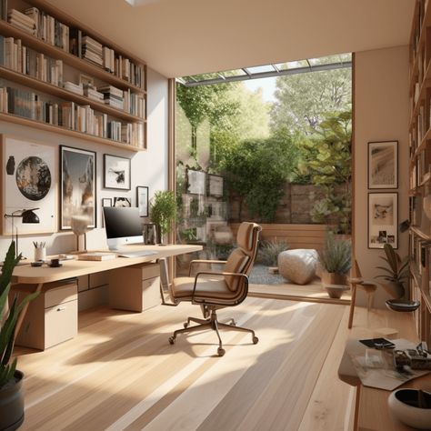 Organic Modern Workspace, Home Office With High Ceiling, Organic Home Office Design, Amazing Office Design, Dream Home Office Cozy, Zen Interior Design Office, Japanese Inspired Office Design, Mediterranean Home Office Design, Natural Home Office Decor