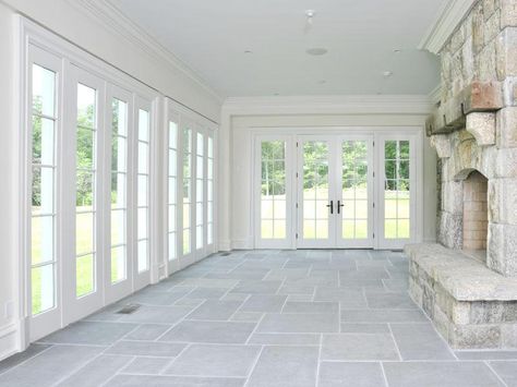 Den with french doors, stone fireplace and slate floors with a view of the backyard Three Season Porch, Four Seasons Room, Sunroom Addition, Three Season Room, Sunroom Designs, Florida Room, Sun Porch, Casa Vintage, Alexandria Va