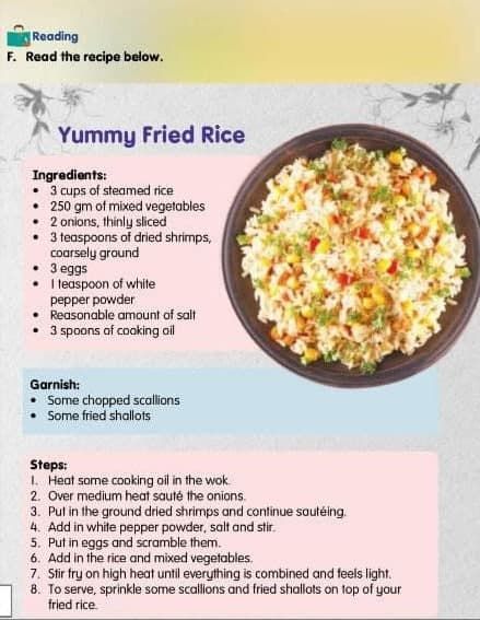 FORM 3 KSSMPK TEXT BOOK PG 28 Procedure Text, Making Fried Rice, Fried Shallots, Cheap Healthy Meals, Rice Ingredients, Fried Rice Recipe, Mixed Vegetables, Rice Recipe, Rice Recipes