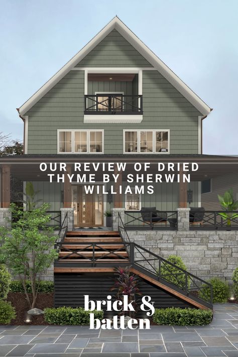 Dried Thyme by Sherwin Williams is a gorgeous dark green paint color with muted tones. Learn more about why Dried Thyme is a popular choice for home exteriors and why it might be the perfect shade for your house: https://bit.ly/3Cbf2ve Two Toned Green House Exterior, Sage Green House Exterior With Wood Accents, Brick Houses With Green Trim, Sage Green And Gray House Exterior, 1905 Green Paint Magnolia Exterior, Exterior House Colors Dark Green, Dried Eucalyptus Exterior Paint, Sherwin Williams Oakmoss Exterior, Green House With White Windows