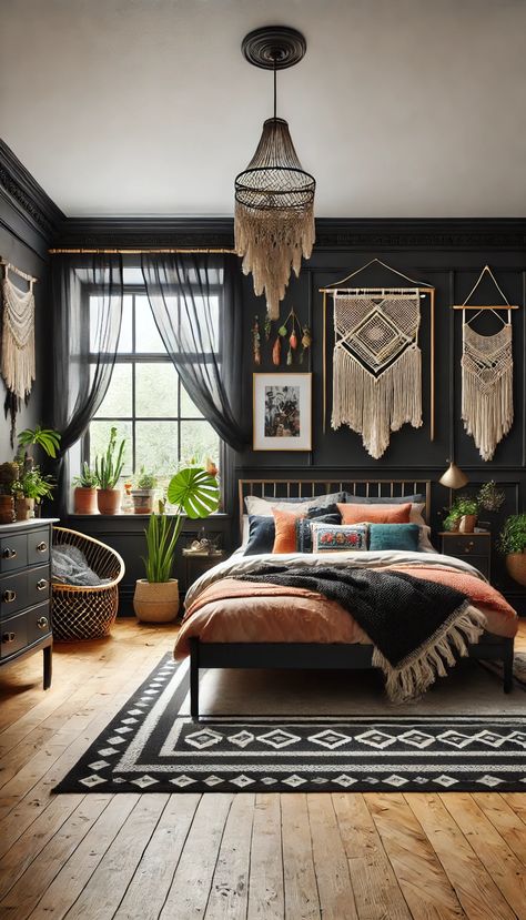 21 Stunning Black Bedroom Decor Ideas That Will Make You Want to Redecorate ASAP 🖤✨ Bedroom Ideas Gothic Beautiful, Black Accent Wall Bedroom Canopy Bed, Black Cottage Bedroom, Cozy Black And White Bedroom, Black Bedroom With Plants, Black Room Decor Bedroom Aesthetic, Black Wall In Bedroom, Black Bed Bedroom, Black Bed Frame Decor