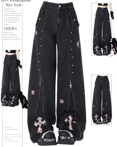 Obsessed with these Pants!🤩 tell us your fave ? 1-4 Link in bio for items info !ℹ️ Gothic Jeans, Baggy Clothes Aesthetic, Cottagecore Aesthetic Clothes, 2000s Trashy, Emo 2000s, Style Wide Leg Pants, Oversized Jeans, Baggy Clothes, Leggings Hoodie