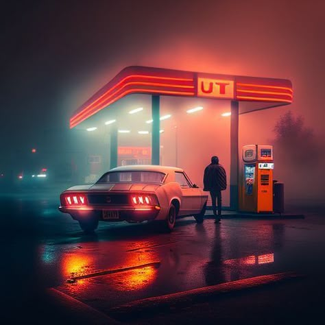 Car Neon Lights, Car Night Photography, Car At Gas Station At Night, Cinematic Car Shots, Driving Photoshoot, Car Light Photoshoot, Gas Station Photoshoot Night, Neon Gas Station, Night Car Photography