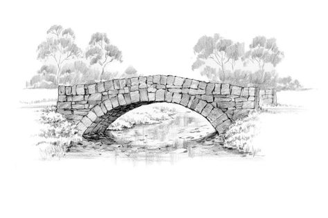 Bridge Sketch Pencil, Old Bridge Drawing, Bridge Drawing Sketches, Stone Bridge Drawing, Bridge Sketch, Draw Bridge, Bridge Tattoo, Bridge Drawing, Landscape Pencil Drawings