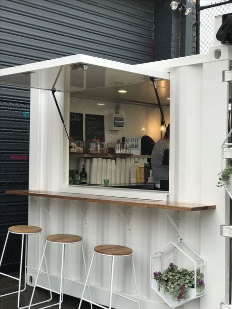 Shipping Container Commercial Buildings, Coffee Shop Container Design, Micro Cafe Design, Cafe Small Business, Container Food Design, Container Cafe Design Coffee Shop, Cafe Stall Design, Container Van Coffee Shop, Coffee Stall Ideas