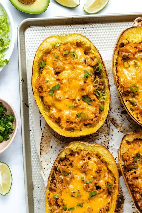 THE BEST Healthy Spaghetti Squash Recipes - The Roasted Root Meatball Stuffed Spaghetti Squash, Spagetti Squash Recipes Ground Beef, Pulled Pork Spaghetti Squash, Spaghetti Squash Hamburger Recipes, Ground Turkey Spaghetti Squash Recipes, Spaghetti Squash Taco Bake, Chili Spaghetti Squash, Taco Spaghetti Squash, Healthy Spaghetti Squash Recipes