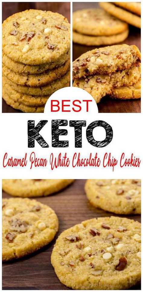 Check out the best low carb caramel white chocolate chip cookies. Easy low carb white chocolate chip pecan caramel cookies. Keto caramel cookies for ketogenic diet. Gluten free cookies that are also sugar free. Serve with pumpkin spice latte, coffee or tea. Perfect Fall food recipe make for Halloween or Thanksgiving - great Christmas desserts or cookie exchange. Make these great breakfast, low carb #caramel white #chocolate cookies today. For more cookies check out KimspiredDIY #cookies Best Keto Cookies, Keto White Chocolate, White Chocolate Chip Cookies Recipes, White Chocolate Caramel, Chocolate Caramel Cookies, Simple Chocolate Chip Cookie Recipe, Keto Cookie Recipes, Chocolate Chip Cookies Ingredients, White Chocolate Chip