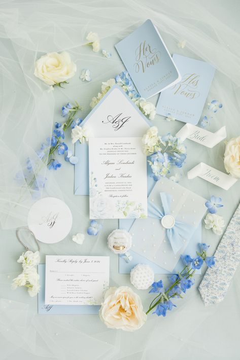 Blue and White Garden Party Vibes  Flat Lay Blue And White Spring Wedding, Blue Wedding Details, Coastal Blue And White Wedding, Spring Wedding Light Blue, Powder Blue Spring Wedding, Hamptons Wedding Invitations, Coastal Grandmother Wedding Invitations, Connecticut Wedding, Coastal Blue