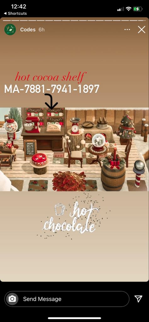 Acnh Hot Cocoa Stand Design, Christmas Codes Animal Crossing, Animal Crossing Hot Cocoa Stand, Acnh Hot Chocolate Stall, Acnh Gift Wrapping Station, Acnh Winter Stall Design, Acnh Christmas Stall, Acnh Christmas Standee, Acnh Christmas Patterns