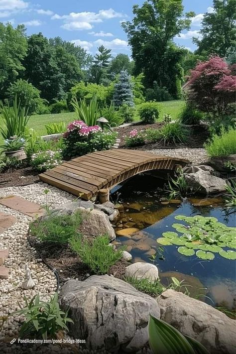 Gazebo Pond Ideas, Koi Pond With Bridge, Cottage With Pond, Pond In Garden, Garden With Bridge, House With Pond, Farmhouse Pond, Garden With Pond, Garden Bridge Design