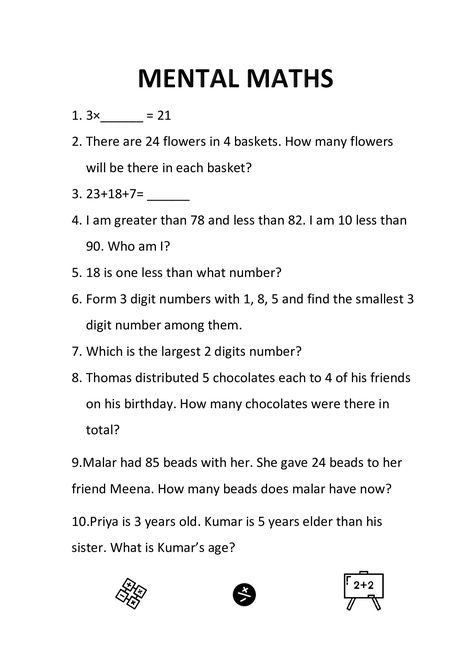 MENTAL MATHS- GRADE 1 WORKSHEET | Mathematics worksheets, Mental maths worksheets, 4th grade math worksheets Worksheet For Class 6 Maths, Gr 3 Math Worksheets, 3 Rd Class Maths Worksheets, Maths Word Problem For Class 3, Maths Worksheets For Grade 4 And 5, Mental Maths For Class 1, Maths Class 4 Worksheets, Mathematics Worksheets 3rd Grade, Math Year 4 Worksheets