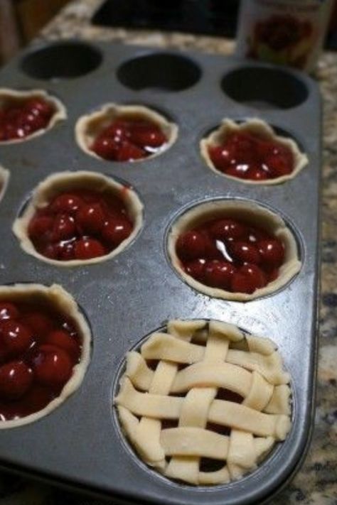 I am a few days late posting our Homemade Mini Cherry Pies that we had for the 4th of July with Blue Bell ice cream! Guys, these are sooooo very easy and so fun to make a even more fun to eat. They are just so darling! You need pre-made pie crust, or make your own, and pie filling. We went with cher… Mini Cherry Pies, Cherry Pies, Mini Pies, Thanksgiving Desserts, Muffin Tin, Cherry Pie, Mini Desserts, Thanksgiving Recipes, Just Desserts