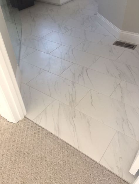 Floor Tile: Florentine Carrara, 12 x 24, Install: Brick Joint, Parallel to Doorway Carrara Bathroom, Marble Bathroom Decor, Small Bathroom Tile Ideas, Carrara Marble Bathroom, Marble Bathroom Designs, Marble Bathroom Floor, Marble Tile Bathroom, Best Kitchen Design, Bathroom Images