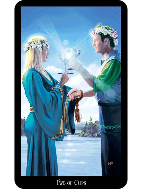 Romance, An engagement, handfasting, wedding or reconciliation, A partnership, Equality  and true love. 2 Of Cups, Two Of Cups, Witches Tarot Cards, Witches Tarot Deck, Cups Tarot, Angel Oracle Cards, Witch Tarot, Lord Byron, Free Tarot